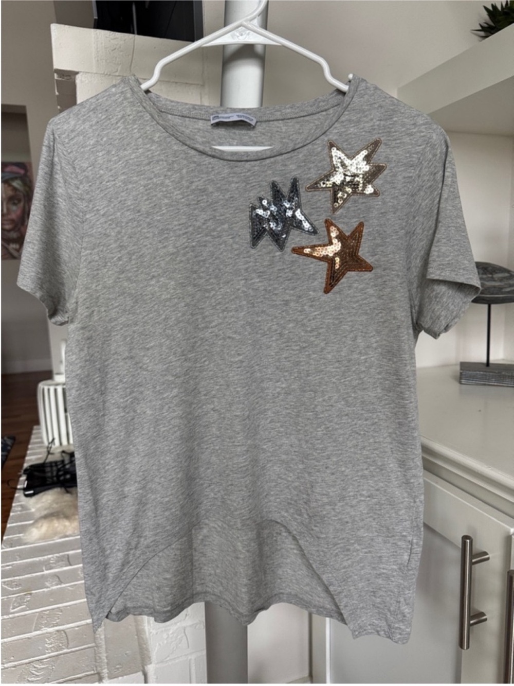 Zara gray T shirt/Tee/Top Sz S Sequences Crew Short Sleeve High Low